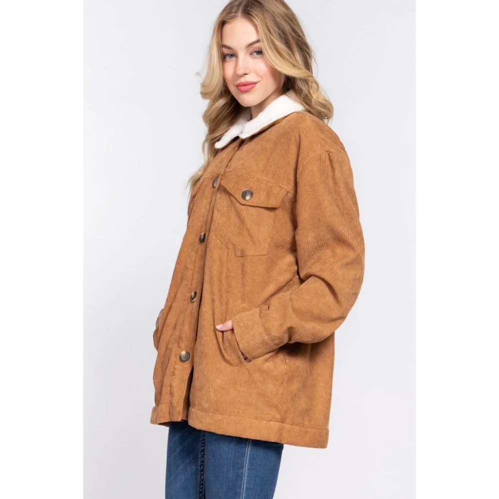 Camel Long Sleeve Inside Faux Fur with Pocket Corduroy Sherpa Jacket NWT - Picture 4 of 7